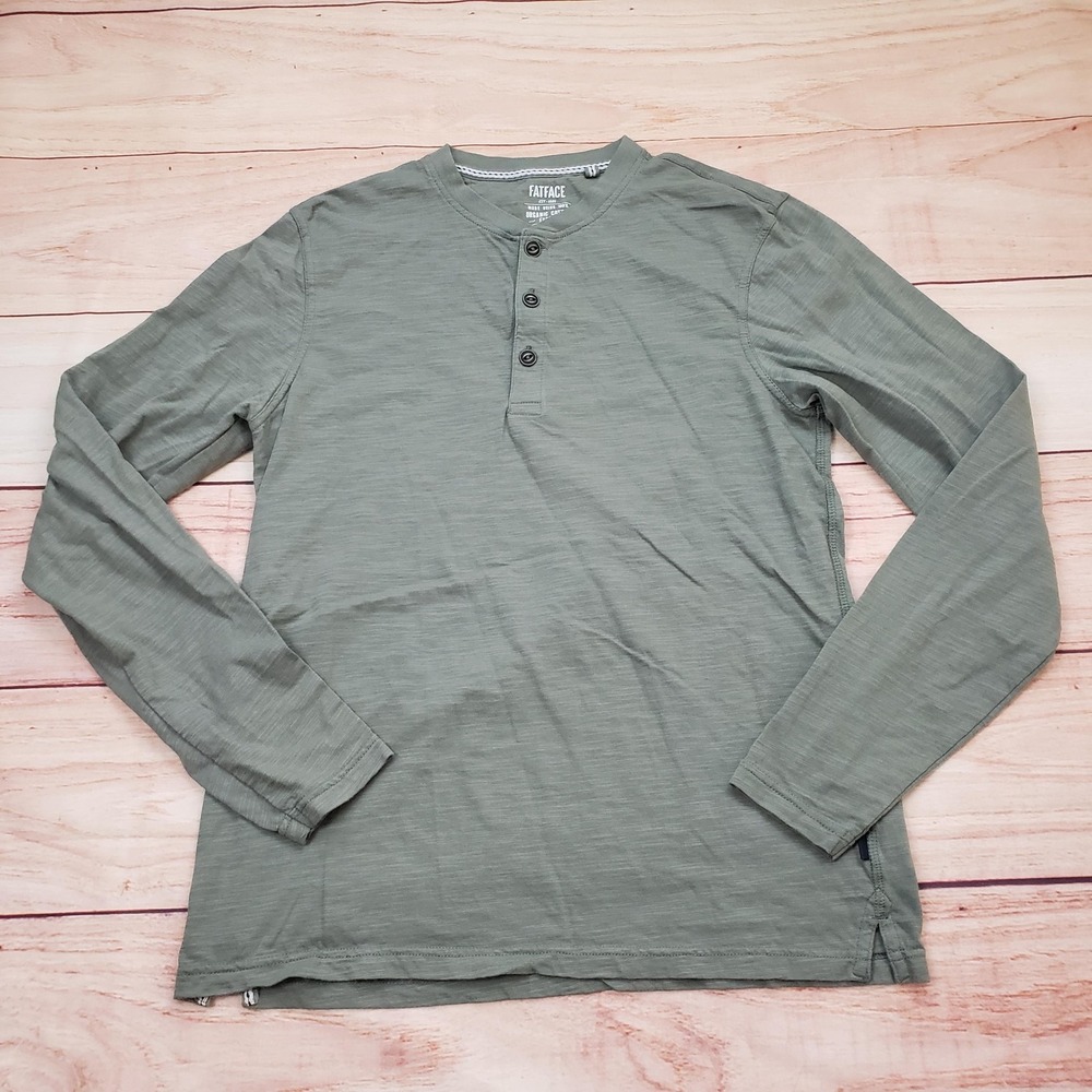 Fat Face Shirt Mens Small Green Long Sleeve Henley Cotton Casual‎ Top Preppy